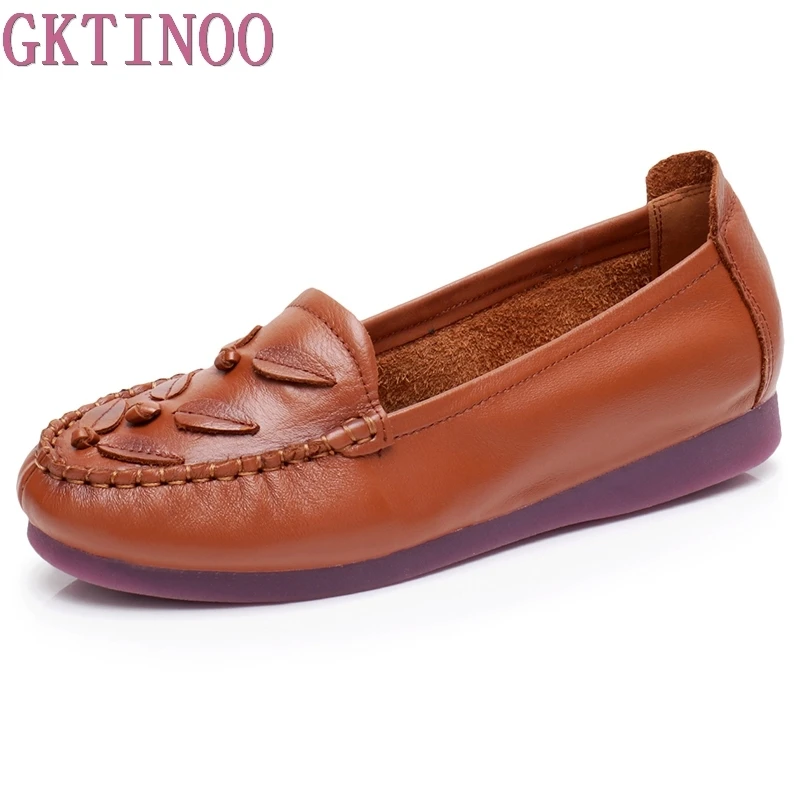 

GKTINOO 2019 Genuine Leather Handmade Flat Shoes For Women New Spring Slip-on Round Toe Casual Fashion Ladies Lazy Loafers