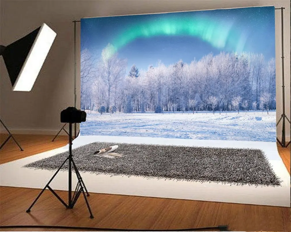 

Photography Backdrop Christmas Pine Tree Snow Covered Landscape Abstract Lights Rainbow Winter Xmas Photo Background
