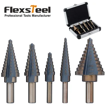 

5pcs/set Titanium HSS Core Drill Step Drill Bits Set with 1/4" and 3/8" Shanks SAE with Aluminum Protective Case