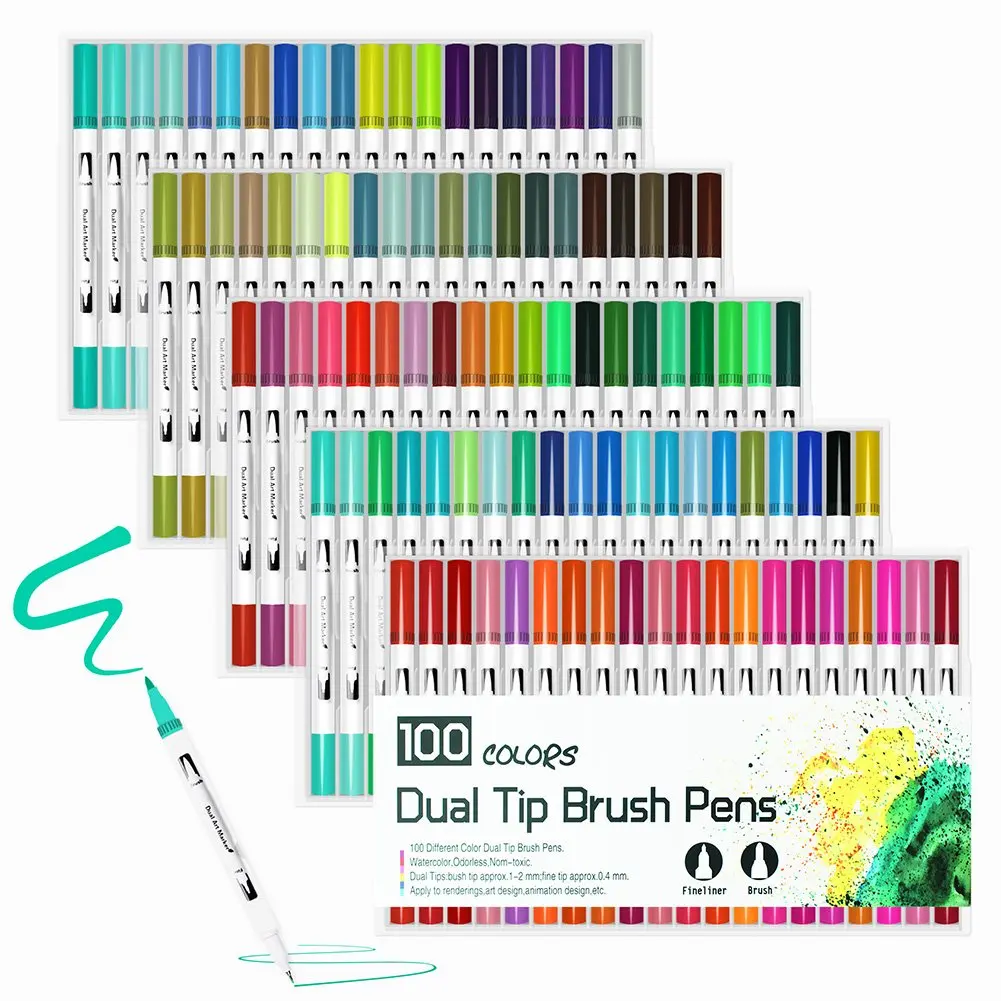 100 цветных кисточек с кончиком Fineliner двойные концевые маркерные ручки чернила на