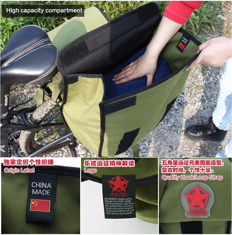 Perfect Roswheel Green Canvas Waterproof Double Bicycle Pannier Rear Seat Bag Bike Pouch 40-50L Bike Trunk Rack Bag Bycicle Carrier Bag 6