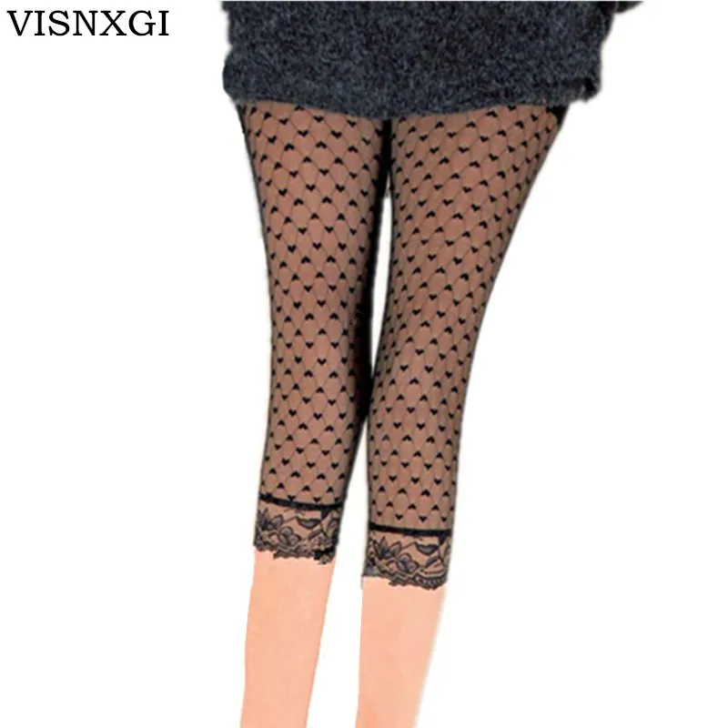 

VISNXGI 2019 Womens Lace Capris Elastic High Waist Sexy Skinny Leggings Sexy Pants Solid Black Mesh Capris With Lace Stretch