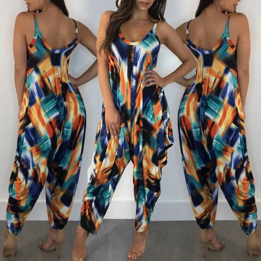 Women Sleeveless Jumpsuit Strap Printed Loose One Piece Long Pant Trouser Jumpsuit 6 14