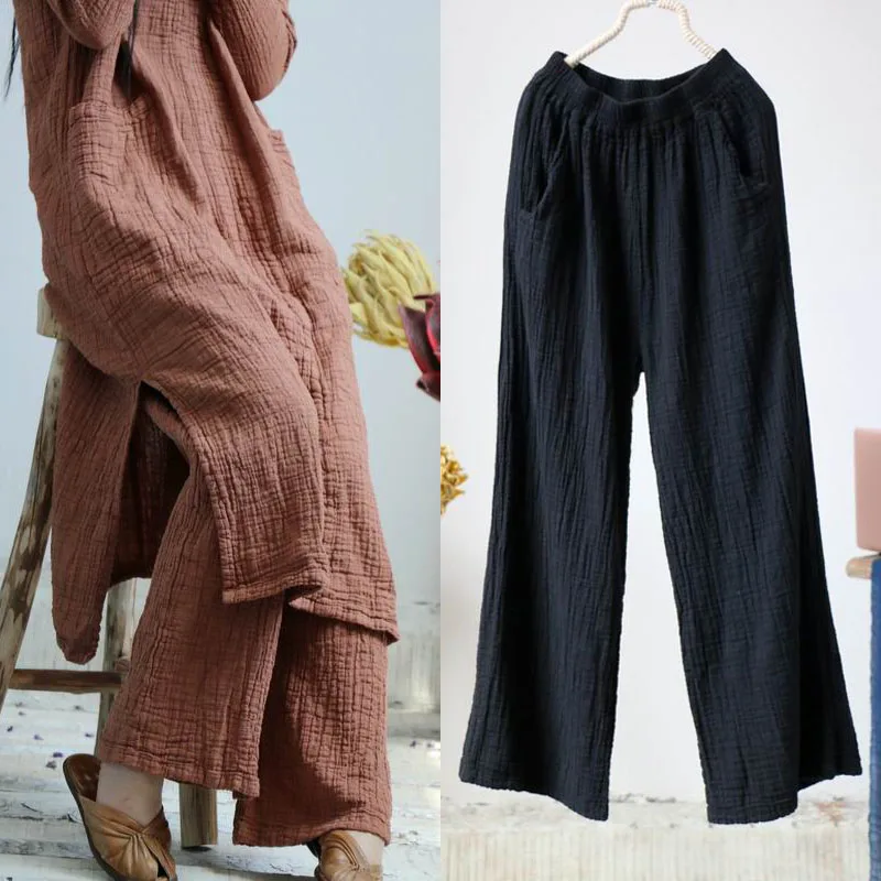 

Women pure color basic trousers straight pant bottoms plant dyeing sweat pants absorption cotton and linen pantalon