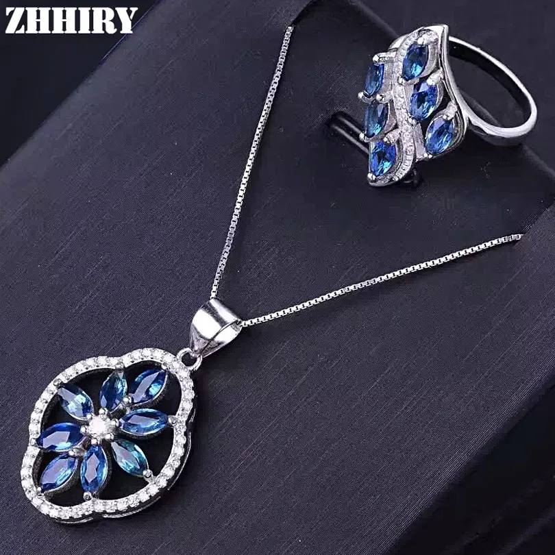 Women Natural Sapphire Gemstone Jewelry Sets Genuine 925 Sterling