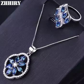 

Women Natural Sapphire Gemstone Jewelry Sets Genuine 925 Sterling Silver Ring Pendant Necklace