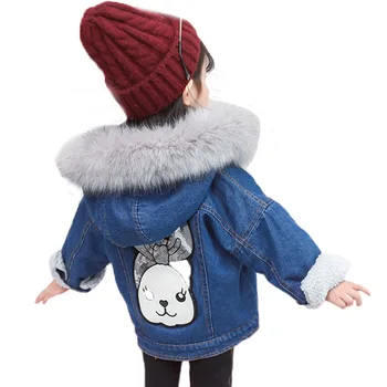 

DZIECKO Children's Denim Jeans Coats Parkas 2018 Fashion Winter Fur Hooded Girls Outerwear Plus Velvet Warm Snow Down Parkas