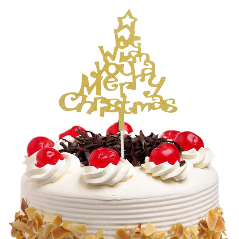 Wish You Merry Christmas Gold Cake Topper Flags Gillter Cake Toppers Kids Birthday Wedding Baby Shower Party Baking DIY Decor