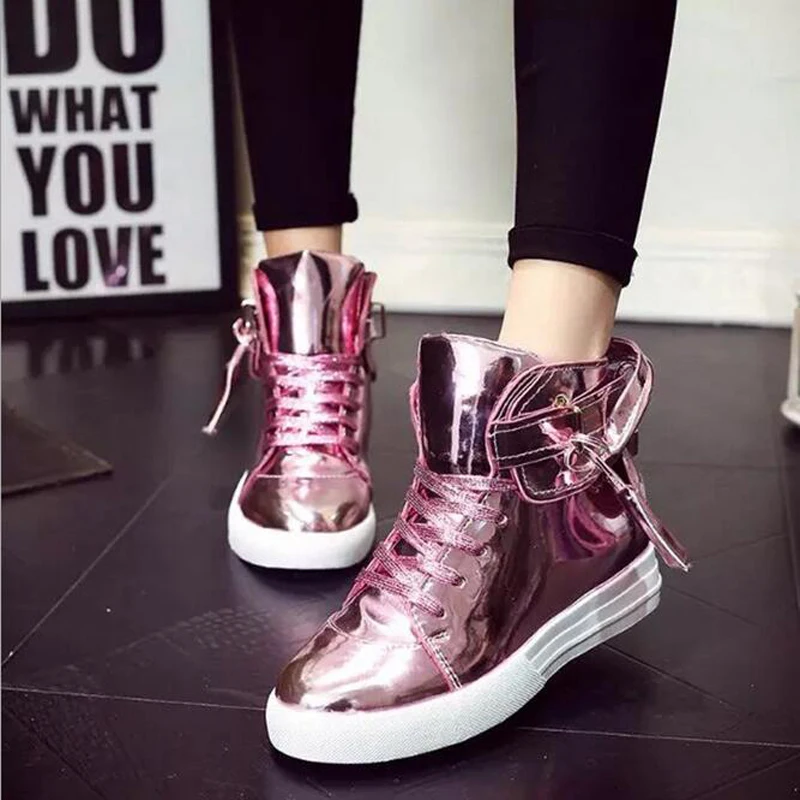 

New pink and silver in the high bright patent leather shoes to help increase women lace flat with stylish casual shoes