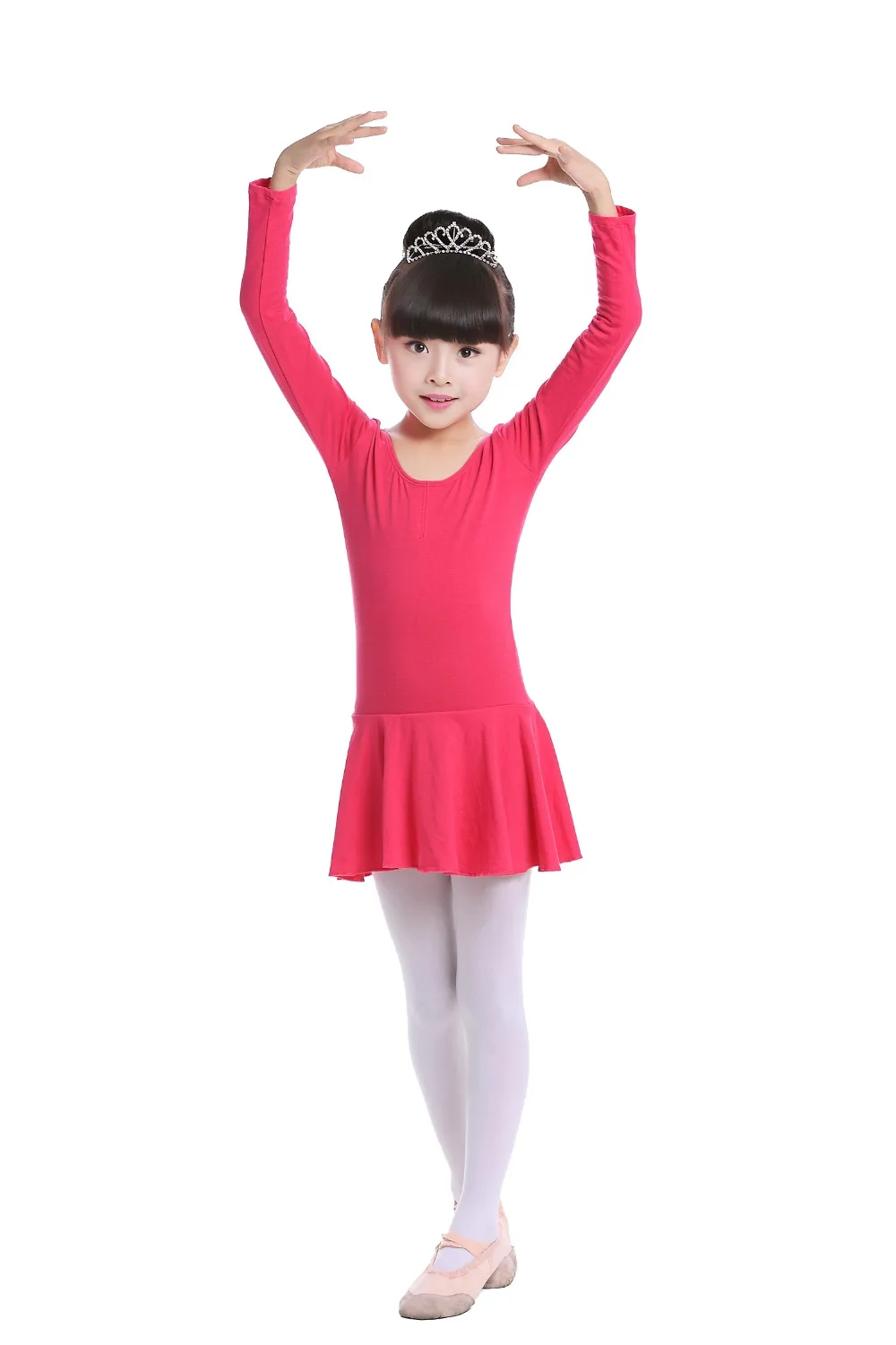 Pink Cotton Formal Ballet Dress for Girls Long Sleeves Shiny Ballet leotard for Dance Kids Gymnastics Professional Tutu Dress (24)