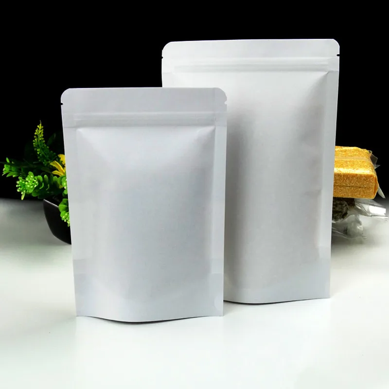 White Kraft Paper Stand Up Seal Bags Resealable Food Pouch With