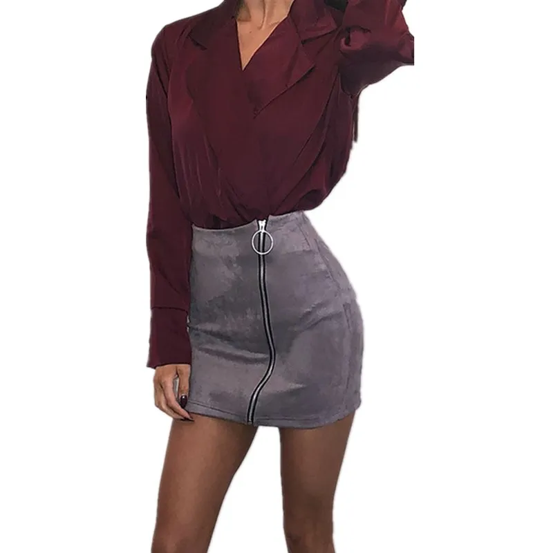 

Sexy Women Skirts High Waisted Pencil Skirt Zipper Bodycon Suede Leather Mini Skirt 2018 Spring Summer Fashion