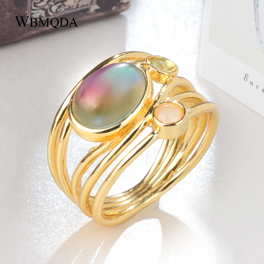 

Wbmqda Rings For Women Romantic Style Colorful Moonstone Yellow Gold Color Anniversary Creative Gift Fashion Jewelry