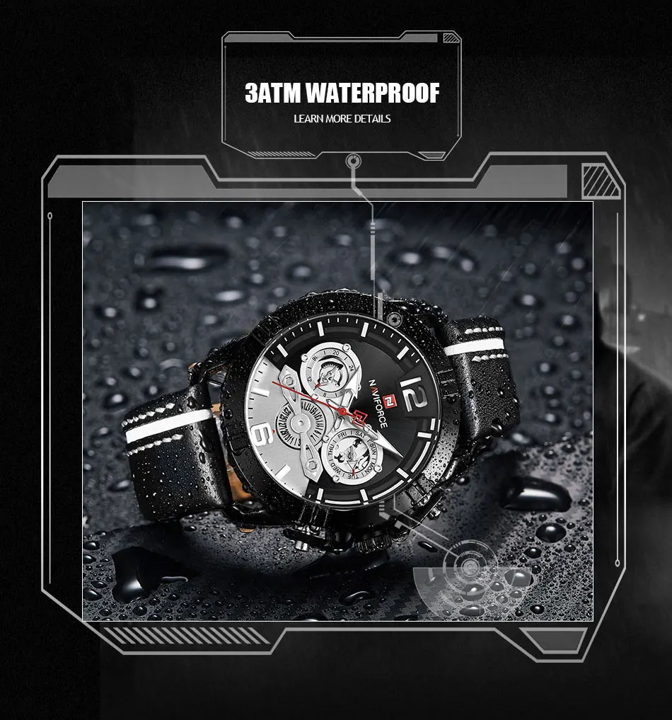 NAVIFORCE Мужская Мода Спортивные часы Водонепроницаемый кожаный ремешок Творческий аналоговый Кварцевые наручные часы Для мужчин часы Relogio Masculino