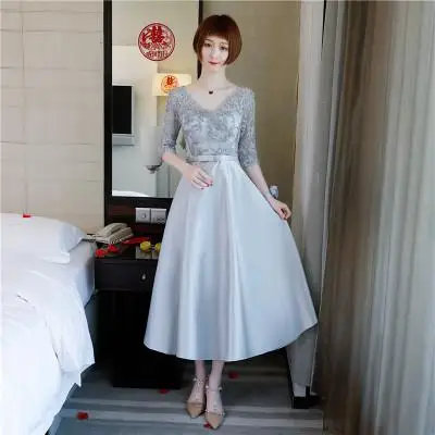 Women Wedding Bridesmaid Dress Sexy Flower Qipao Elegant Solid Lace Long Vestido De Festa Plus Size Girl Garden Cheongsam XS-3XL - Цвет: Silver Gray 8