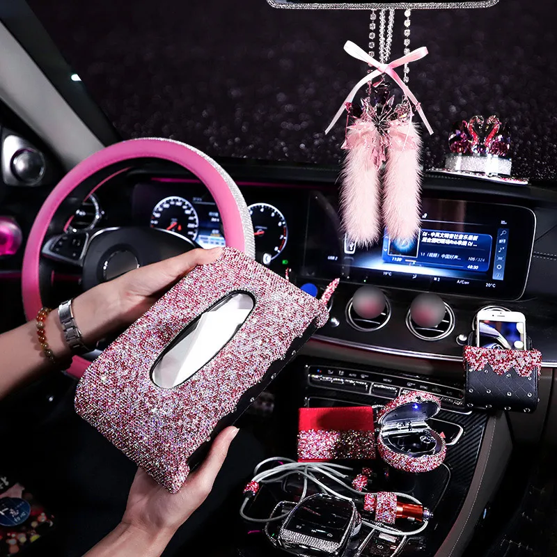 

Rhinestone Steering Wheel Covers Women Girls Car Interior Accessories Diamond Ashtray Crystal Tissue Box