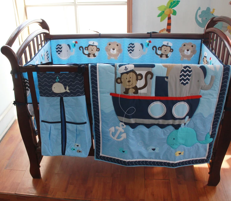 8 pieces Crib Infant Room Kids Baby Bedroom Set Nursery Bedding Sailor Blue Cot bedding set for newborn baby boy