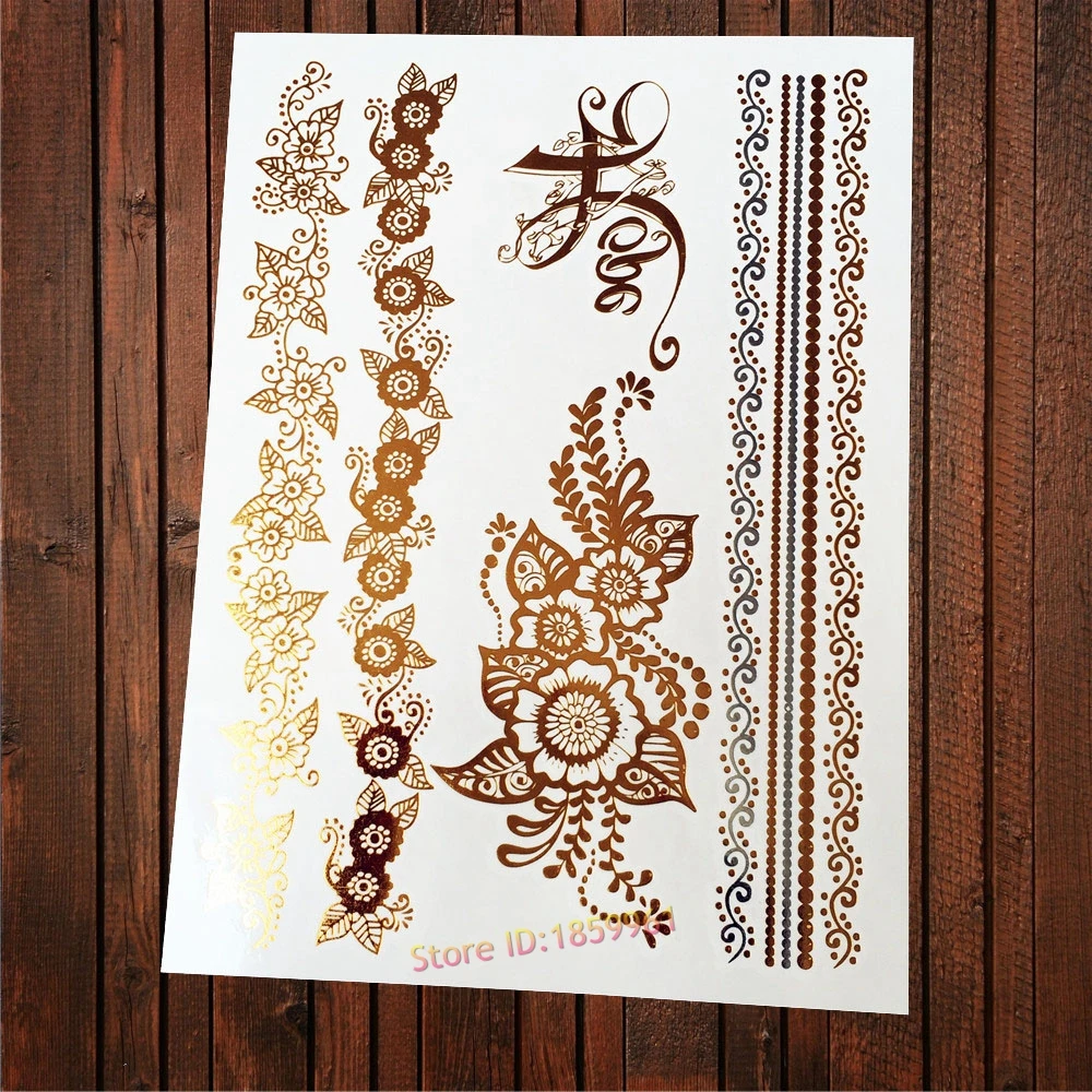 

1PC Glitter Flower Gold Tattoo Women Henna Flah Metallic Tattoo Flower Bracelet Design Waterproof Temporary Tattoo Sticker AYS99