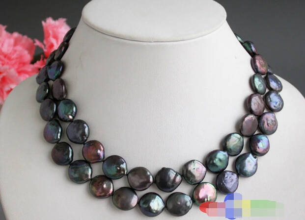 

Free shipping >>>>>p2884 BEAUTIFUL 32" 14mm coin peacock black Freshwater cultured pearl necklace