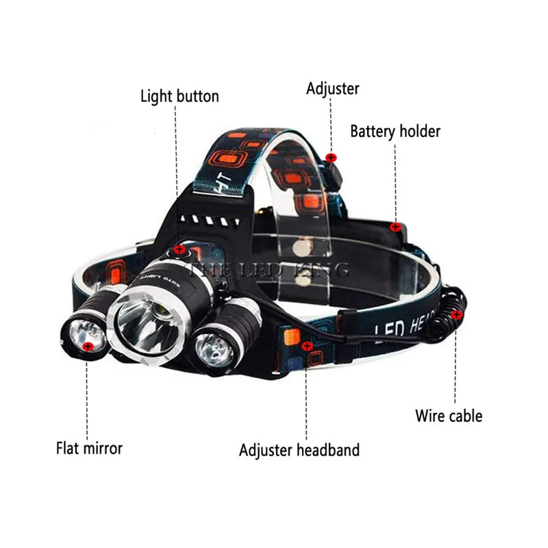 Светодиодный налобный фонарь 18000Lm 3* T6+ 1* красный светодиодный головки вспышки света светильник фонарь Перезаряжаемые головной светильник лба фонаря ламповый патрон рыболовный головной светильник