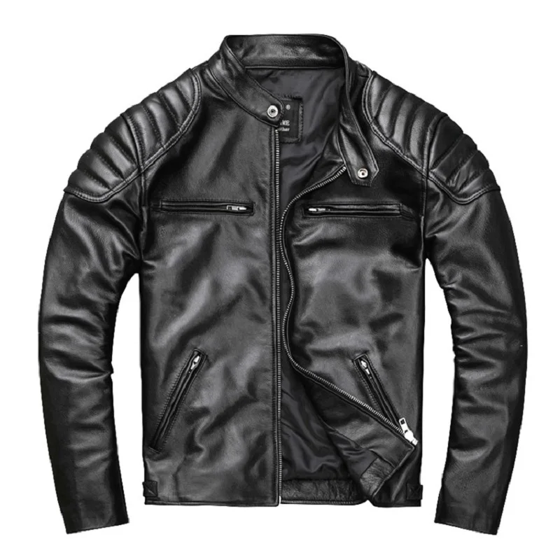 

2019 Black Men Slim Fit American Motorcycle Leather Jacket Plus Size 4XL GEnuine Cowhide Short Biker Leather Coat FREE SHIPPING
