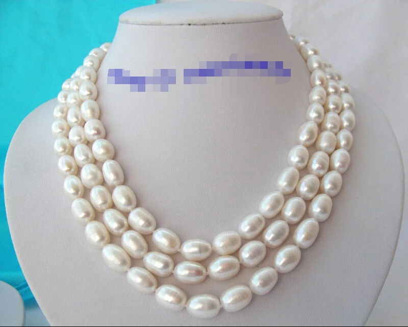 

FREE shipping> stunning 3rows big 14mm white baroque rice freshwater pearls necklace g834 6.07