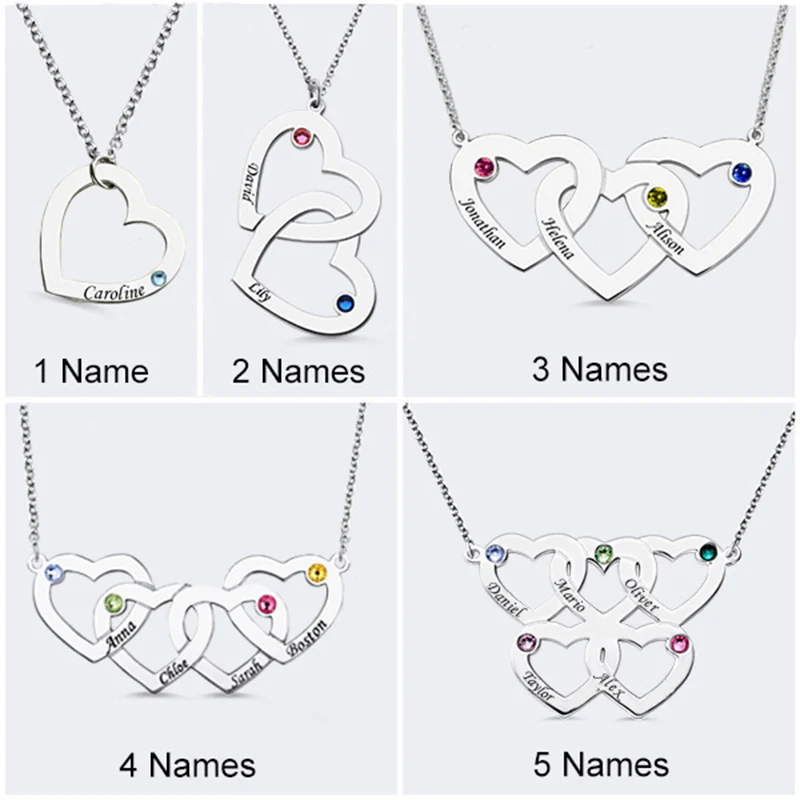 

SG fashion 925 Sterling Silver necklace personalise custom Engraved 1-5 Intertwined Heart&Birthstones Necklace for birthday gift