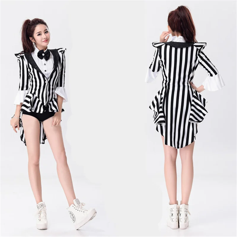

New Sexy Magician Costume Women Modern Dance Costume Clothing Jazz Dance Dress Performance Clothing with Bow Swallowtail Coat