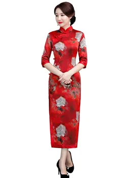 

Shanghai Story 2019 New Sale Faux Silk Long Qipao Folk Style Dress 3/4 Sleeve Chinese Dress Cheongsam For Women