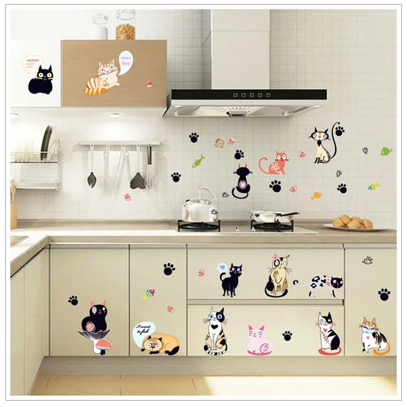 Cartoon Cat Vinyl Kitchen Wall Stickers Wallpaper Animal Family Living Room Sofa Wall Decoration Poster Home Decor