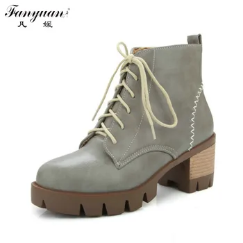 

New Arrival Girls' Lovely Short Boots 2017 Lace-Up Chunky Block Med Heel Woman Ankle Riding Boots with Big Small Size