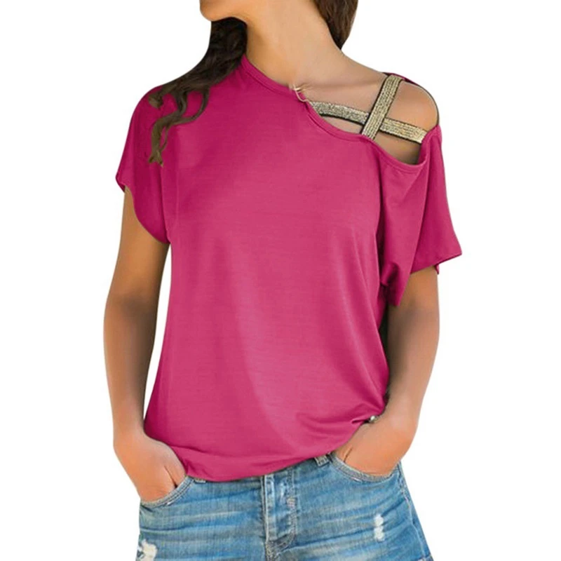 

OEAK Summer Sexy Cold Shoulder Women T-Shirt Casual Short Sleeve Patchwork Tee Female Cross Irrgular Tops Clothing Ropa Mujer