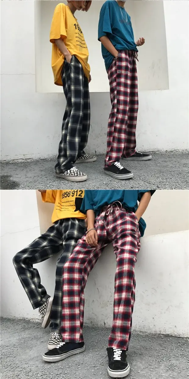 YouGeMan Pantalon Femme женские весенне-летние корейские Ulzzang Harajuku прямые клетчатые брюки с завязками женские черные брюки