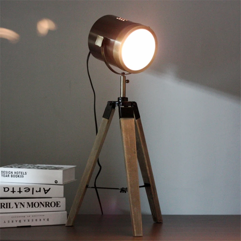 Vintage Handmade Art Retro Wood Tripod Table Lamps Desk Light Searchlight Alumnum Metal Copper Lampshade Nordic Design TLL-4