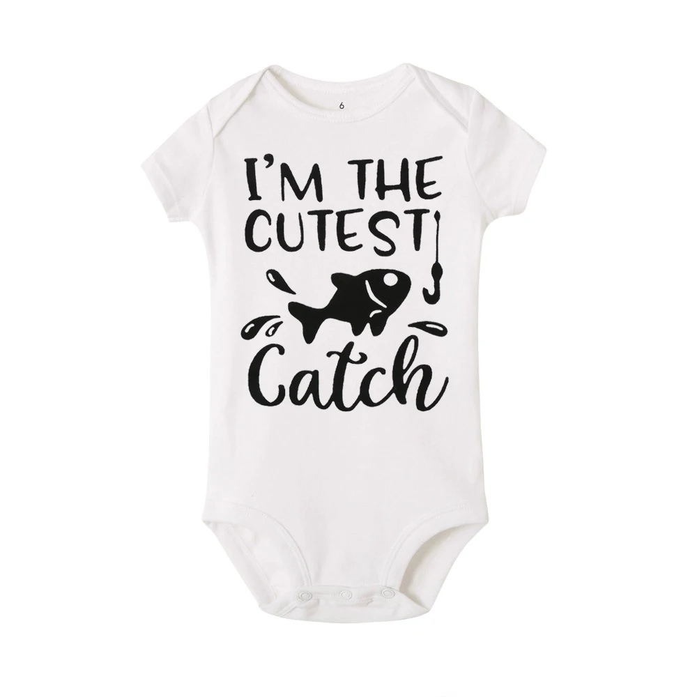 The Cutest Fish Catch Newborn Baby Boy Girl Short Sleeve Letter Print  Romper Jumpsuit Outfits Baby Clothes 0-24M