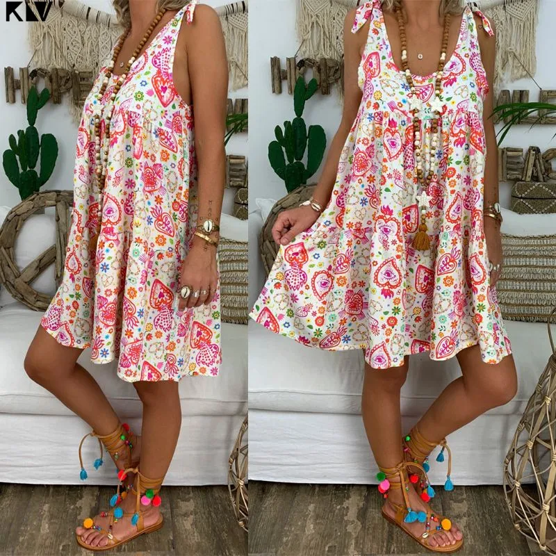 

KLV 2019 Women Plus Size Retro Boho Sleeveless Summer Beach Casual Dress O-Neck Mini Dress