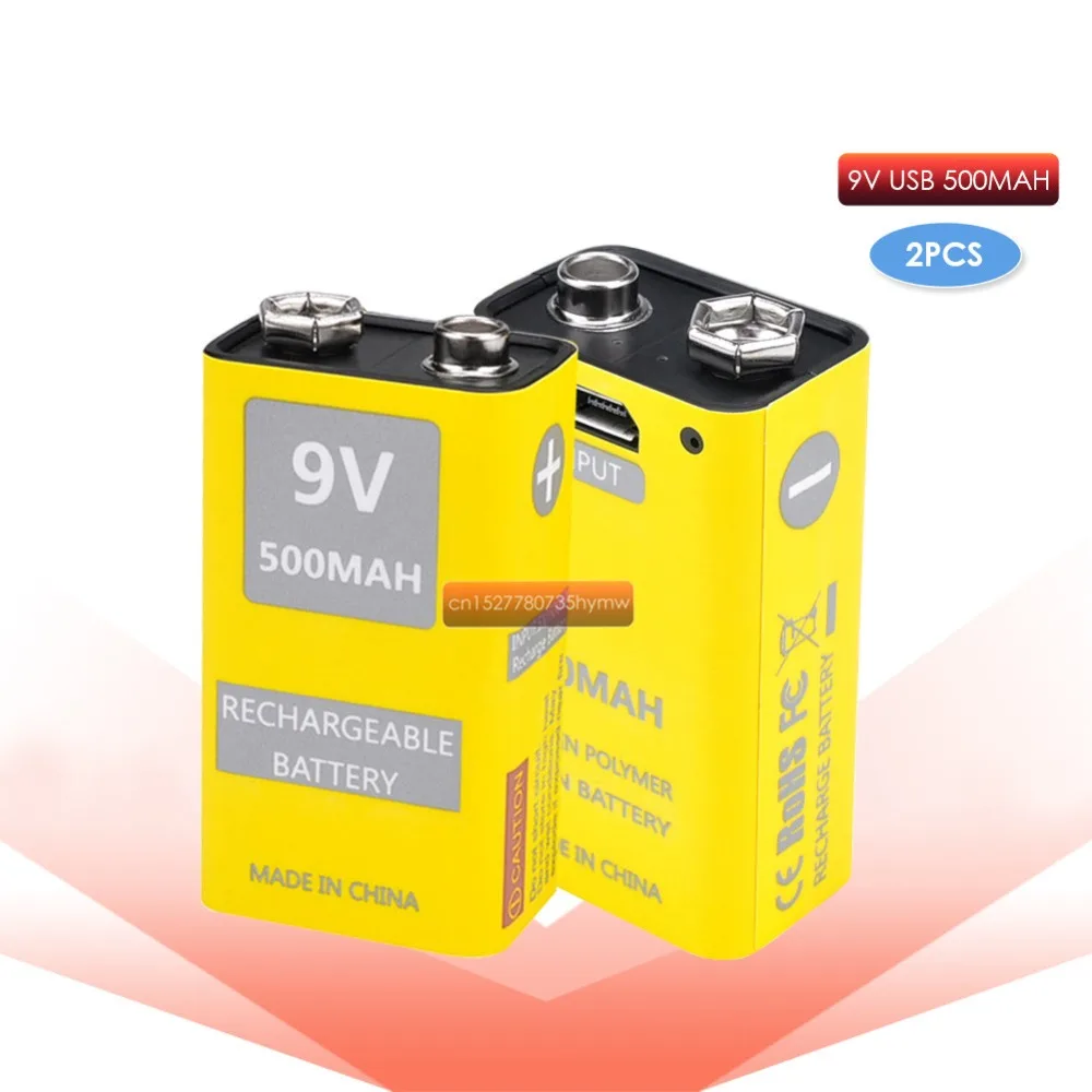 

2pcs 9V 500mAh Rechargeable Lithium Battery USB Charge For Multimeter Microphone