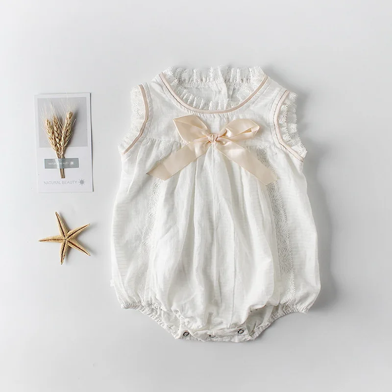 

2019 Summer New Baby Girl Bodysuit First Birthday Ribbon Bow White Overall Jumpsuit+Hat Baby Clothing E82043