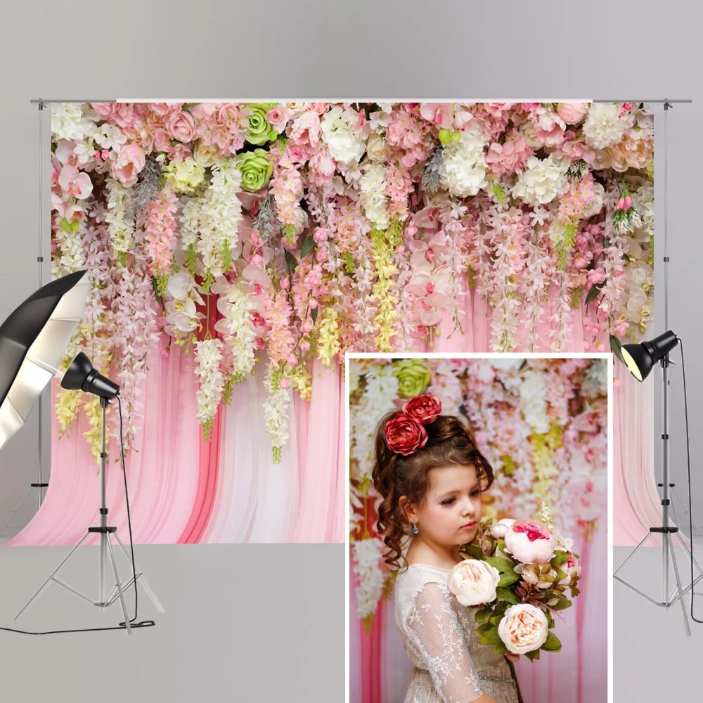 10x8ft Flower Background Pink and White Strips Photography Backdrop Birthday Event Photo Props Floral Wall Mural LYFU519 