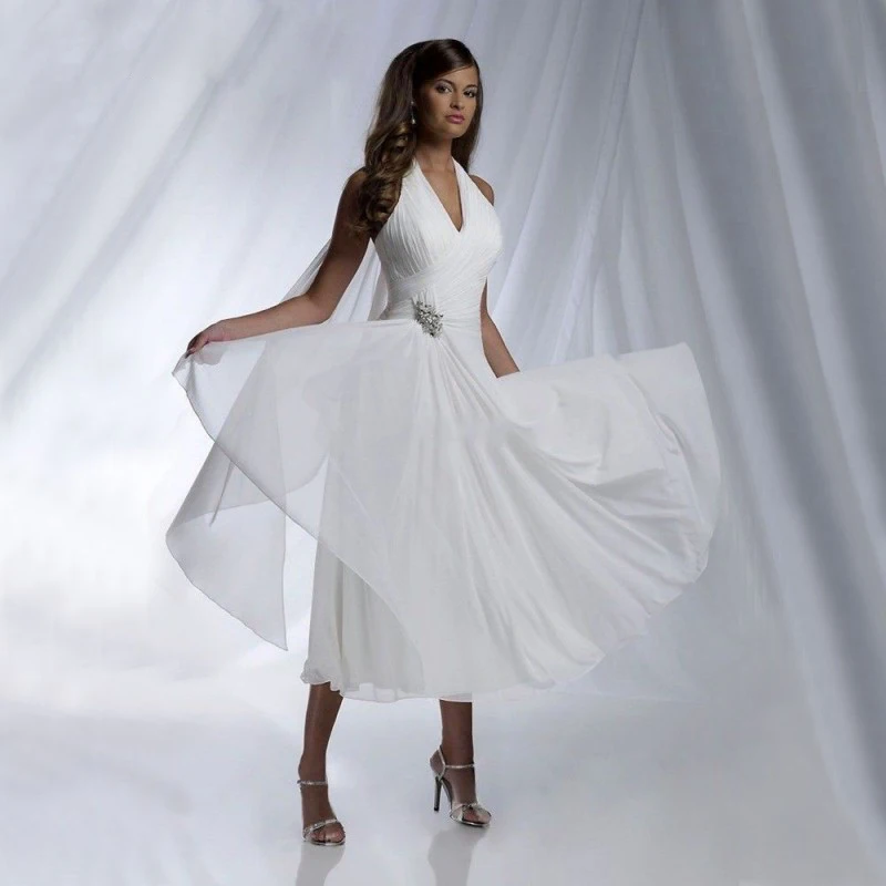 

2019 Simple White Chiffon Beach Wedding Dress V Neckline Short Bridal Gown Summer For Women