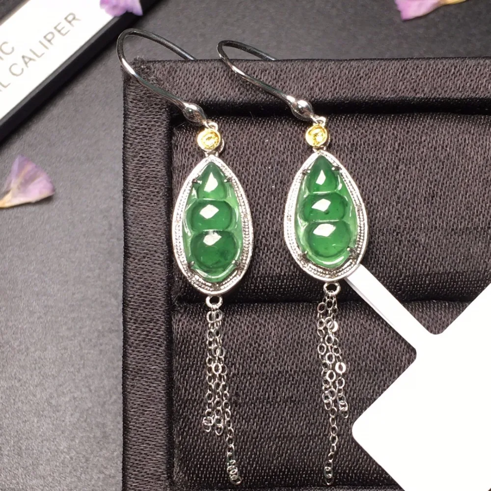 

509 Fine Jewelry Real Pure 18 K White Gold AU750 100% Natural Myanmer Jade Gemstones Emeralds Female Drop Earrings for Women