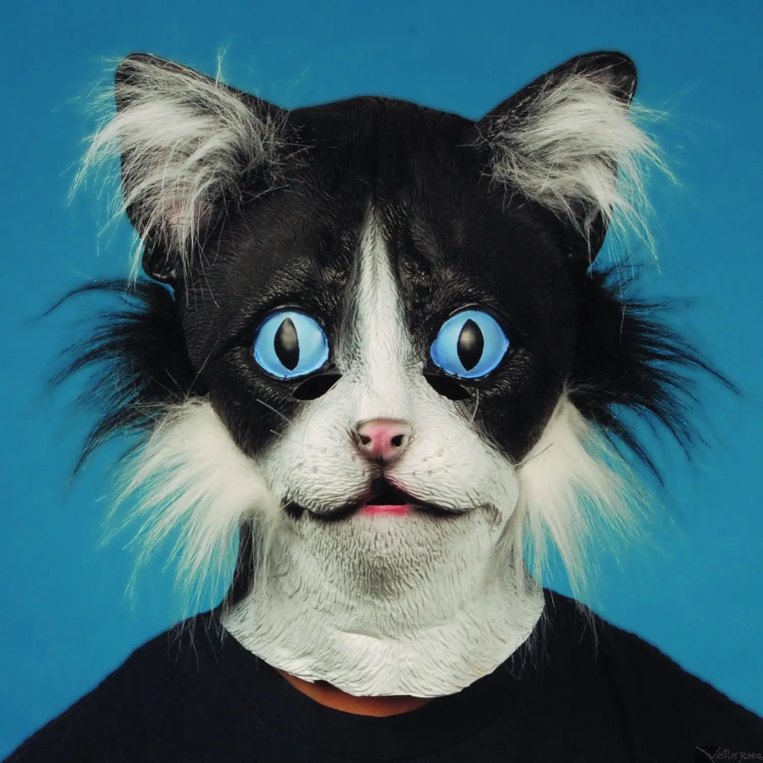 Латексная взрослая пушистая маска для лица черная кошка голова животного, черный/белый, один размер