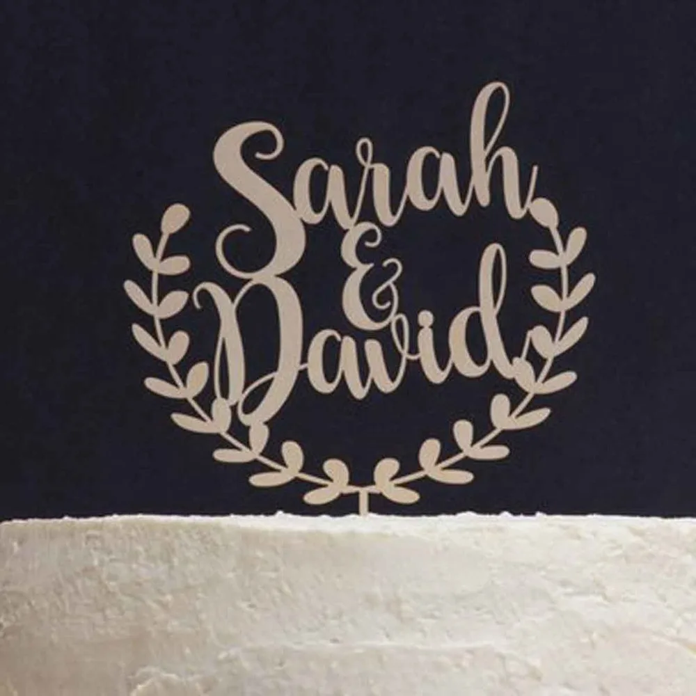 Custom wreath Rustic wedding cake topper Wooden Wedding Party Decoration Personalized Name Rustic wood Cake Topper