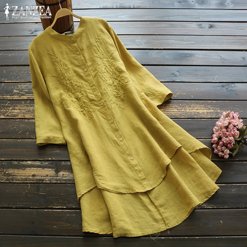 

Autumn Embroidery Shirt Vestidos Women's Blouse 2019 ZANZEA Elegant Female Button Irregular Linen Tops Oversized Mini Robe S-5XL