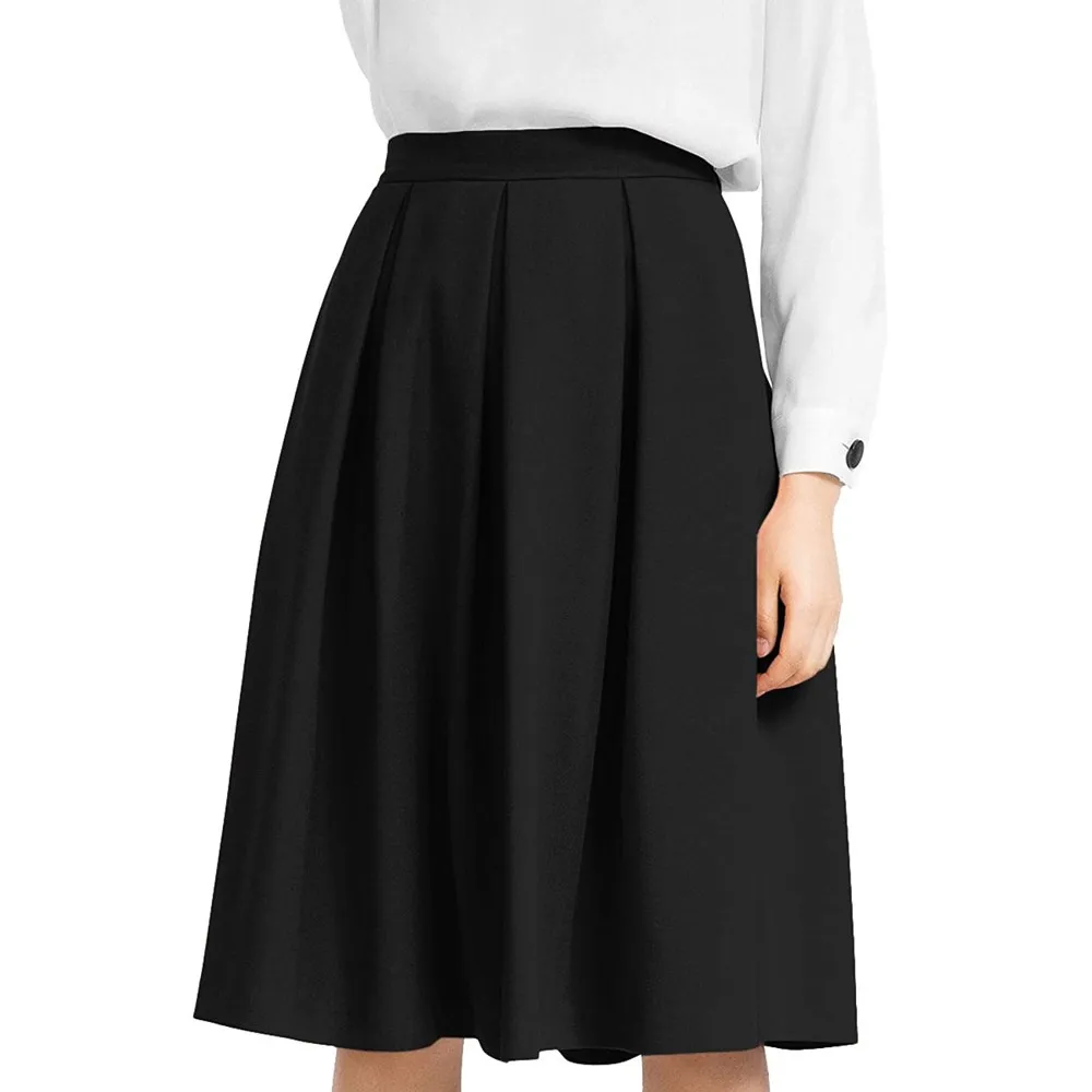 2019 Women High Waisted Skirt Flared Pleated Midi Below Knee Skirt With ...