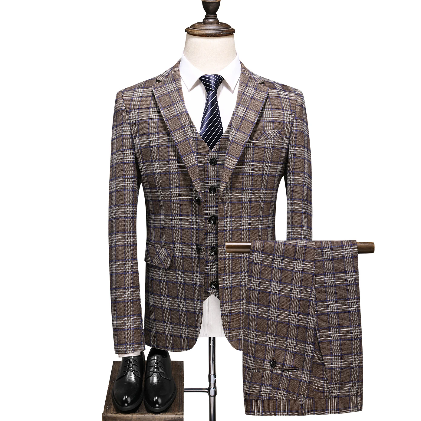 

British Plaid Men Suit Set High-end Custom Slim Single-breasted Lapel Party Groom Wedding Dress (blazer+ vest + pants) suit 3pcs