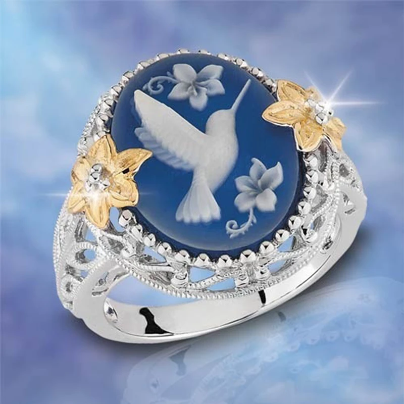 

New Charming Peace Dove Shape Bird Hollow Opal Rings For Women Wedding Band Vintage Floral Silver Color Filled White Zircon Ring