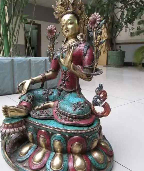 

21 Tibet Copper Bronze 24K Gild inlay coral turquoise Green TaRa Kwan-Yin Buddha