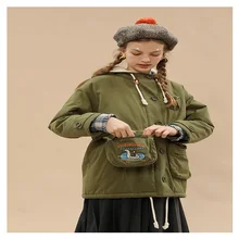 Повседневная Женская куртка Длинные парки цвета хаки свободные женские зимние пиджаки пальто овечья шерсть подкладка мультфильм вышивка карман