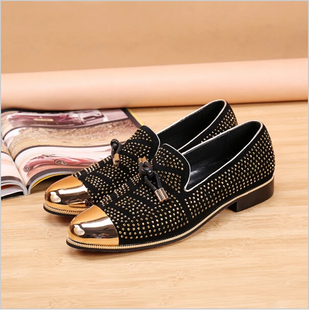 

LTTL Fashion Crystal Metal Round Toe Men Casual Shoes Breathable Comfort Flat Bridegroom Wedding Shoes Black Suede Men Shoes